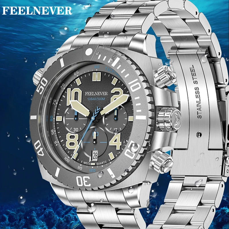LIGE Marke FeelNever Quarz Mann Uhr Casual Sport 316L Edelstahl Sapphire Uhren für Männer 500M Wasserdichte Uhren Reloj hombre Image