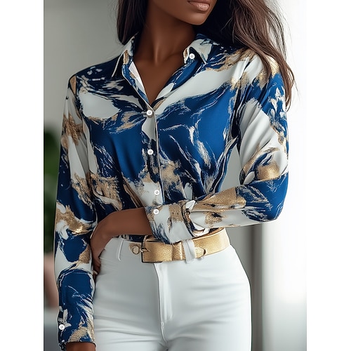 Damen Shirt Langarm Knopfleiste Bluse Elegant Stilvoll Geschäft Print Reguläre Oberteile Shirt Kragen Arbeit Blau Sommer Herbst Winter Image