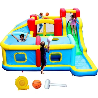 Inflatable Water Slide Park with Blower, Bouncy Castle with Slides Rock Climbing Area Wading Ball