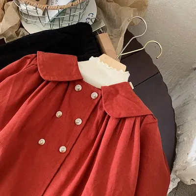 Vintage styela autumn baby girls trench red double breasted peter pan collar coats toddler cardigans
