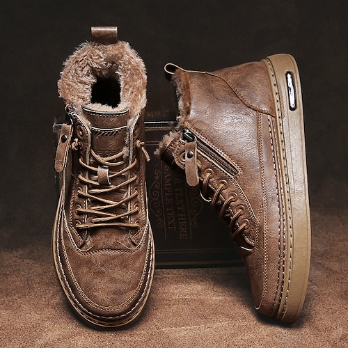 braune pelzgefütterte Winterstiefel für Herren - warme, wasserdichte Kunstlederschuhe mit Reißverschluss für Outdoor-Abenteuer Image