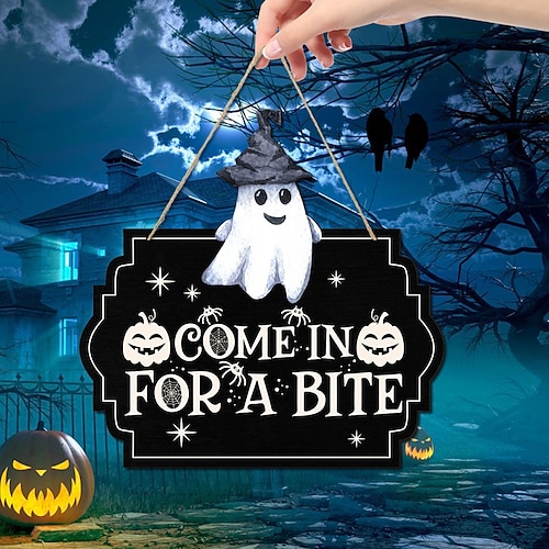 1 Stück Halloween-Wandschild aus Holz mit Totenkopf-Motiv, Holztafel zum Aufhängen, Dekoration für die Haustür, gruselige Veranda-Dekoration, hängendes Geschenk für Bauernhaus, Zuhause, Bar, Außenbereich, Innenbereich, Raumdekoration, Heimdekoration Image
