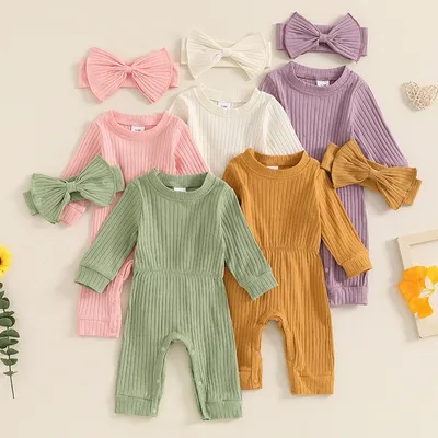 2024-06-04 Lioraitiin 0-18M Baby Girl 2Pcs Fall Outfits Long Sleeve Round Neck Ribbed Jumpsuit with