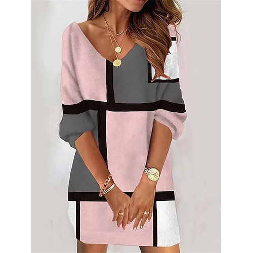 Damen Mini Kleid Semi-formelles Kleid Petite Kleid Shift Kleid Druck Kleid Vintage Mode Streetwear Outdoor Arbeit Alltag Lockere Passform Geometrische Karos Farbe Block 3/4 Länge Ärmel V-Ausschnitt Image