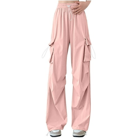 RYRJJ Baggy Parachute Pants for Women& Girls Drawstring Elastic High Waist Ruched Cargo Pants Multiple Pockets Jogger Y2K Wide Leg Trousers(Pink XL)