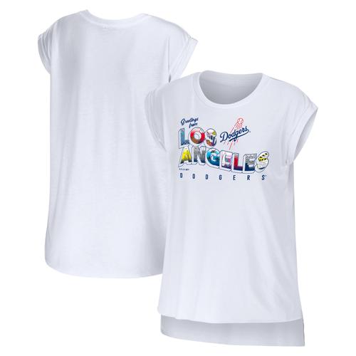 Damenbekleidung von Erin Andrews, weißes „Los Angeles Dodgers Greetings From“-T-Shirt