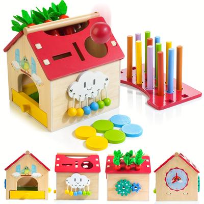 TEMU Wooden House Sorting And Stacking Toys - 4-in-1 Educational Toddler Games With Interchangeable Lids - Perfect Christmas And Birthday Baby Gifts