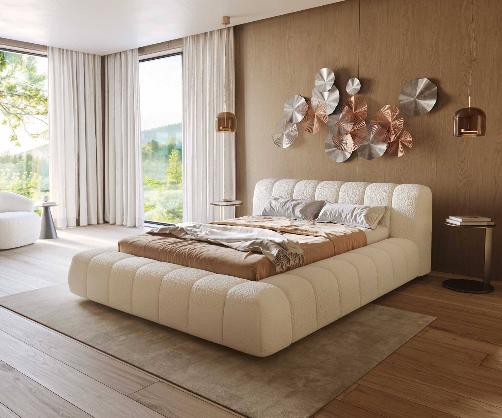 DELIFE Polsterbettgestell Cutio 140x200 cm Bouclé Creme-Weiß, Polsterbetten Image