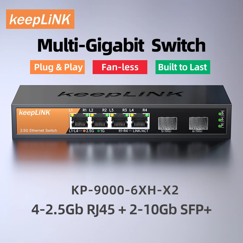 KeepLiNK Switch multi-Gigabit 6 ports 4 x 2,5 GbE + 2 x 10G SFP+ Plug & Play non géré pour la maison/le bureau