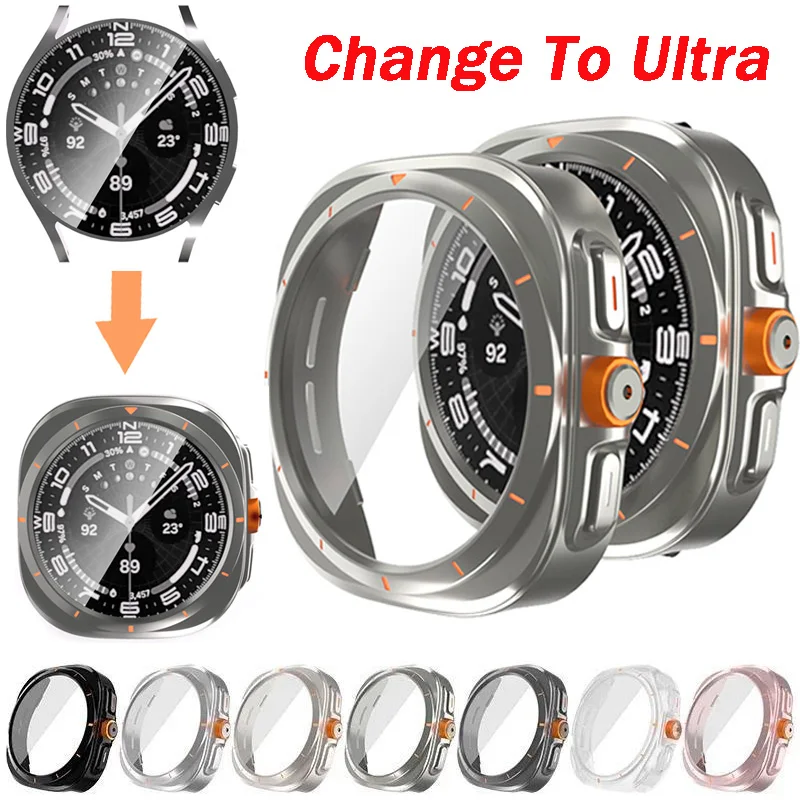 Change To Ultra Hülle für Samsung Galaxy Watch 7 6 40 44 mm Upgrade auf Galaxy Ultra 47 mm Displayschutzfolie aus gehärtetem Glas Image
