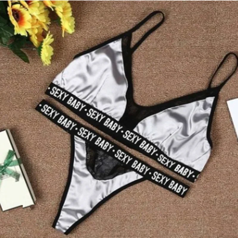 Set di biancheria intima da donna sexy Set di reggiseno e slip Set di reggiseno intimo da donna Bralette Reggiseno da donna con stampa di lettere Patchwork di pizzo Sexy