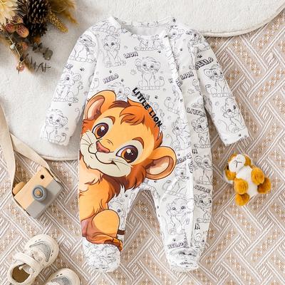 TEMU Newborn Baby's Cartoon Lion Pattern Long Sleeve Footie, Toddler & Infant Boy's Comfy Footed Romper