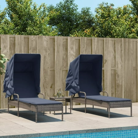 vidaXL Sun Loungers with Canopies and Table Outdoor Furniture 2 Pcs Poly Rattan