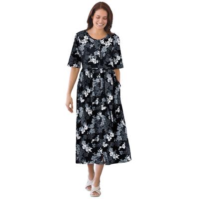 Plus Size Women's Button-Front Essential Dress by Woman Within in Black Graphic Bloom (Size 7X)
