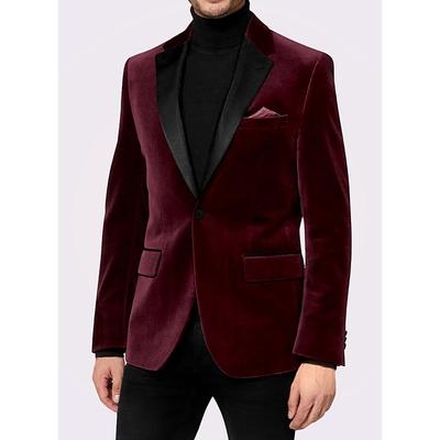 Men's Blazer Jacket Tuxedo Vintage Party Velvet Patchwork Solid Colored Blazer Burgundy Green Standard Fit