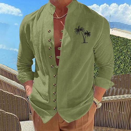Men's Shirt Minimalist Aloha Shirt Chinese Collar Shirt Mandarin Collar Shirt Popover Shirt Summer Shirt White khaki Army Green Long Sleeve Coconut Tree Band Collar Vacation Hawaiian Print Clothing