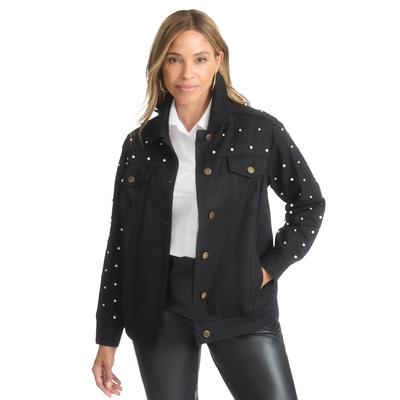 Plus Size Women's Classic Cotton Denim Jacket by Jessica London in Black Pearl Embellishment (Size 36) 100% Cotton Jean Jacket