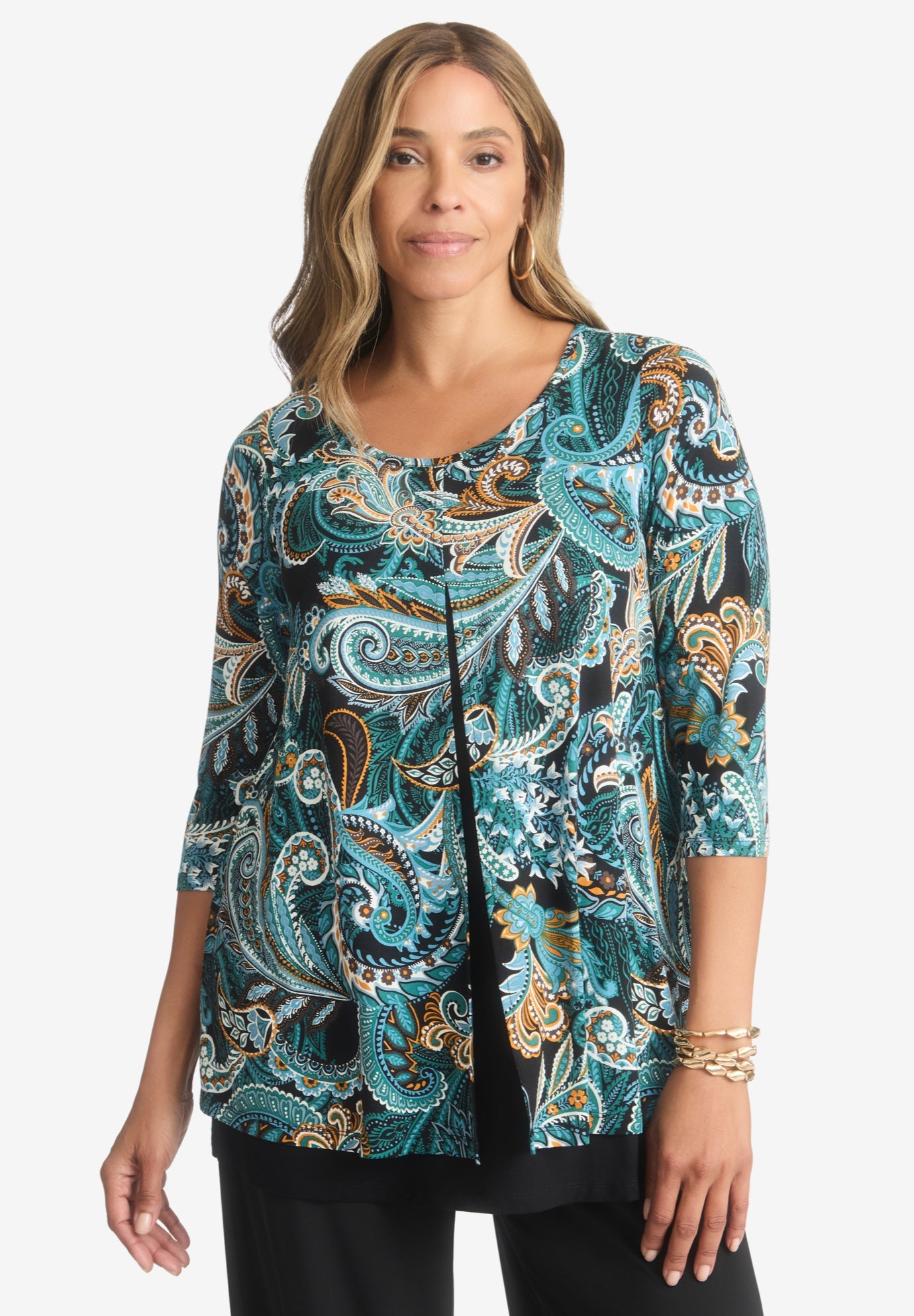 Plus Size Women's Crew Neck Double Layered Tunic by Jessica London in Frost Teal Paisley (Size M)