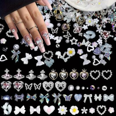 TEMU 450 Pcs 3d Nail Art Decoration Kit - Unscented Nail Gems, Heart & Planet Rhinestones, Alloy Butterfly Charms, White Floral Nail Jewelry With Ab Crystals & Pearls For Diy Manicure Accessories