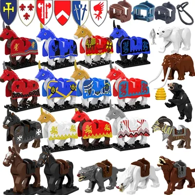 Medieval Military Architecture Building Blocks Charact Knight Warhorse Shield Horse Rope Saddle