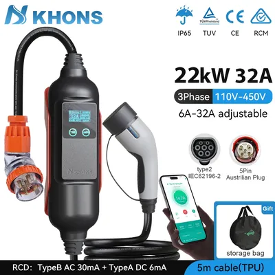 Khons type2 elektrisches ladegerät 22kw 32a 3-phasige WIFI-APP steuerung tragbare ev ladegerät evse wand box geeignet für byd tesla laden