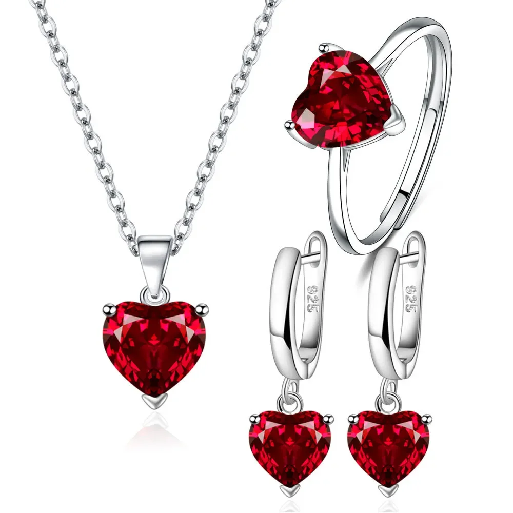 SAIYE Set di gioielli in argento sterling 925 per le donne Anello con zirconi a forma di cuore Orecchini Collana da sposa Elegante Natale