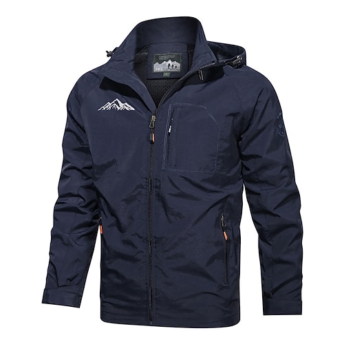 Herren Grafikdrucke Berg Jacke Regenmantel Shell-Jacke Wasserdicht Leicht Lässig Sport im Freien Campen und Wandern Bestickt Seitentaschen Frontreißverschluss Herbst Winter Mit Kapuze Langarm Schwarz Image