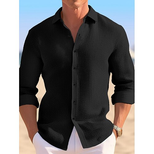 Herren Hemd Waffelhemd Sommerhemd Freizeithemd Knopfhemd Hemden zum Herausstecken Schwarz Weiß Kaki Leicht Blau Langarm Einfach Revers Urlaub Täglich Bekleidung Baumwolle Mode Lässig Bequem Image