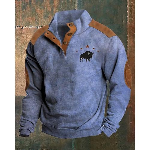Herren Sweatshirt Pullover Blau Khaki Stehkragen Farbblock Kuh Sterne Patchwork Sport Natur Täglich Festtage Strassenmode Basic Brautkleider schlicht Frühling Herbst Bekleidung Kapuzenpullover