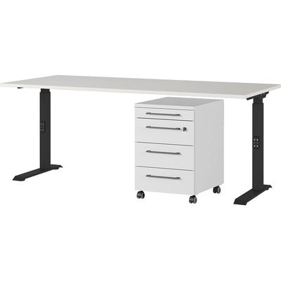 Büromöbel-Set GERMANIA "Agenda", schwarz (lichtgrau, schwarz), manuell höhenverstellbar (beim Aufbau) Schreibtisch Breite 180cm, Spanplatte, Metall, Kunststoff, Arbeitsmöbel-Sets, Set bestehend aus höhenverstellbarem Schreibtisch und Rollcontainer Image