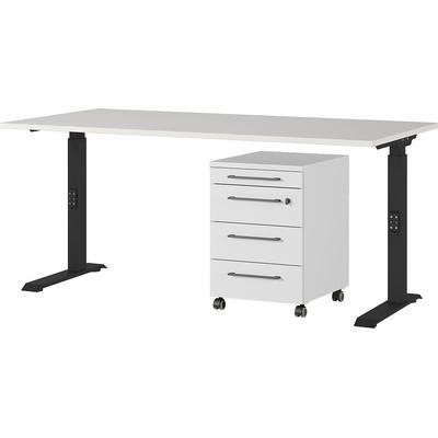 Büromöbel-Set GERMANIA "Agenda", schwarz (lichtgrau, schwarz), manuell höhenverstellbar (beim Aufbau) Schreibtisch Breite 160cm, Spanplatte, Metall, Kunststoff, Arbeitsmöbel-Sets, Set bestehend aus höhenverstellbarem Schreibtisch und Rollcontainer Image