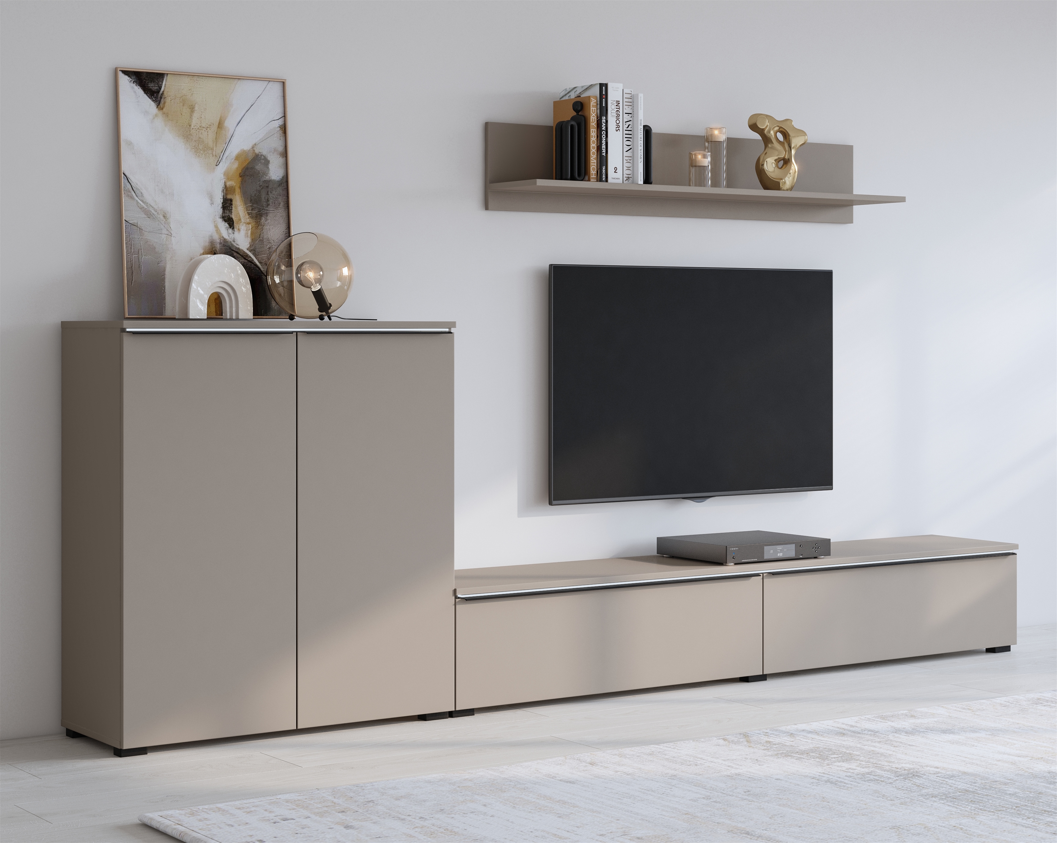 Wohnwand INOSIGN "Tana, Breite 260 cm, moderne Anbauwand", braun (congo), B:260cm H:22cm T:23,5cm, Glas, Holzwerkstoff, Kunststoff, Melamin, Metall, Kastenmöbel-Sets, Mediawand ( Set, 3-St), Lowboard, Wandregal, Kommode