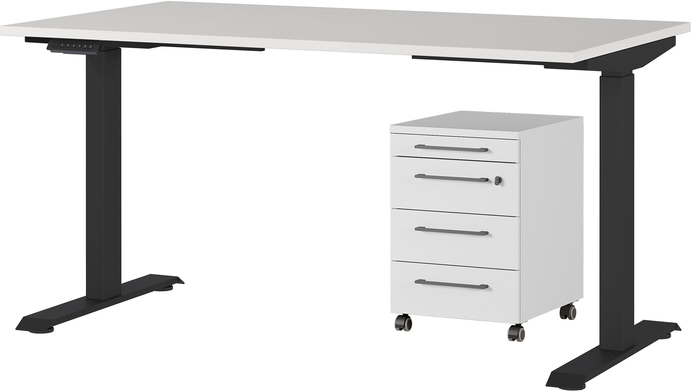 Büromöbel-Set GERMANIA "Agenda", schwarz (lichtgrau, schwarz), B:140cm T:80cm, Arbeitsmöbel-Sets, Büromöbel-Set, Set bestehend aus höhenverstellbarem Schreibtisch und Rollcontainer