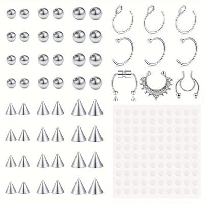 TEMU 59pcs Stainless Steel Fake Eyebrow Ring Fake Lip Labret Studs Replacement Balls Spike With 100pcs Sticker Non-piercing Body Jewelry Fake Skin Piercing