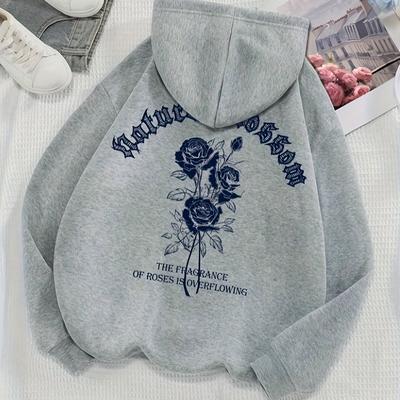 TEMU Rose Print Hoodie, Drawstring Casual Hooded Sweatshirt For Winter & Fall, Women's Clothing Image