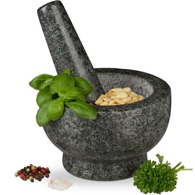 Granit Mörser mit Stößel, robust & langlebig, Gewürze, Kräuter, polierter Steinmörser, ø 13 cm, 250