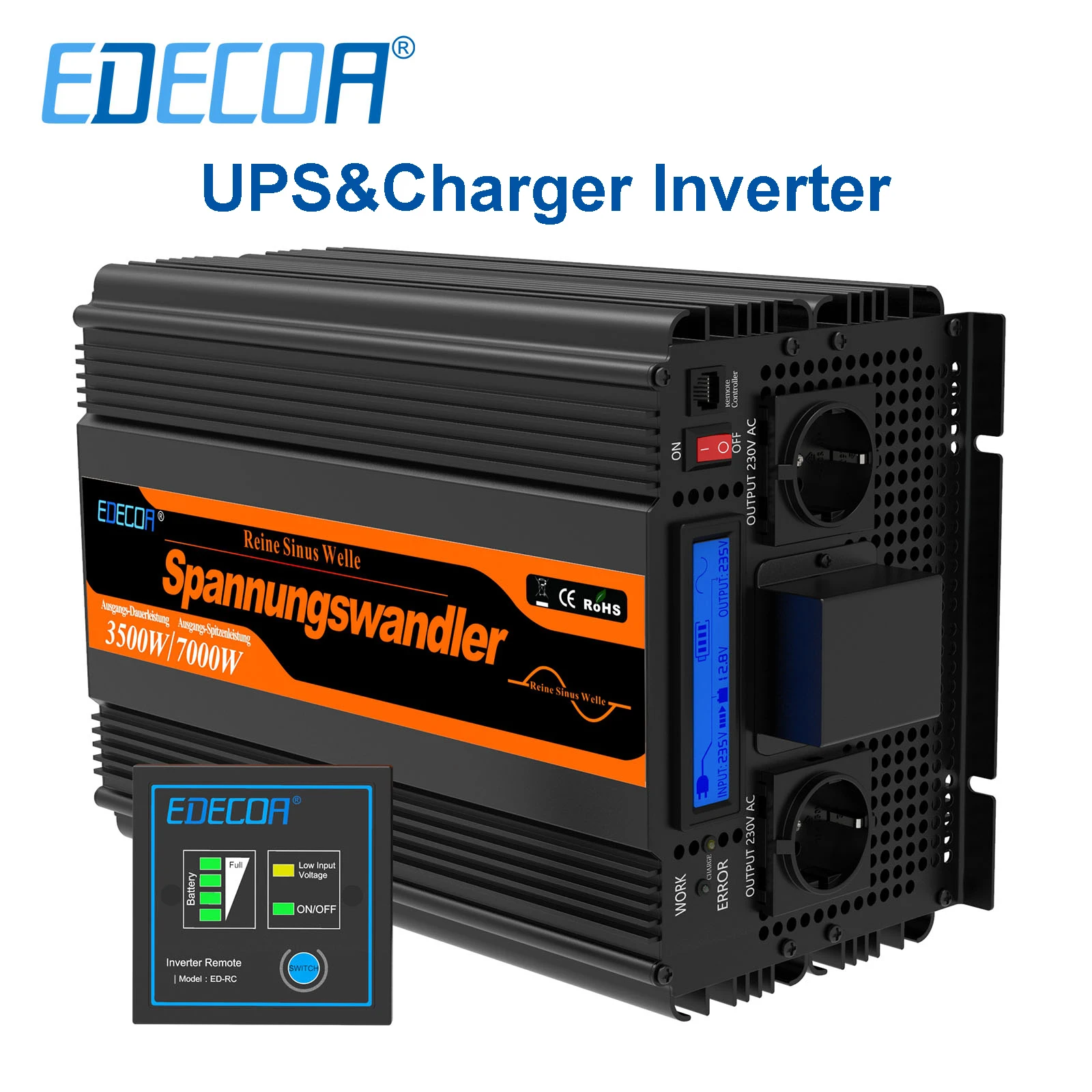 Onduleur UPS EDECOA avec chargeur de batterie 3500W DC 12V vers AC 220V 230V Onduleur de puissance à onde sinusoïdale pure 3.5KW pour maison, voiture, solaire