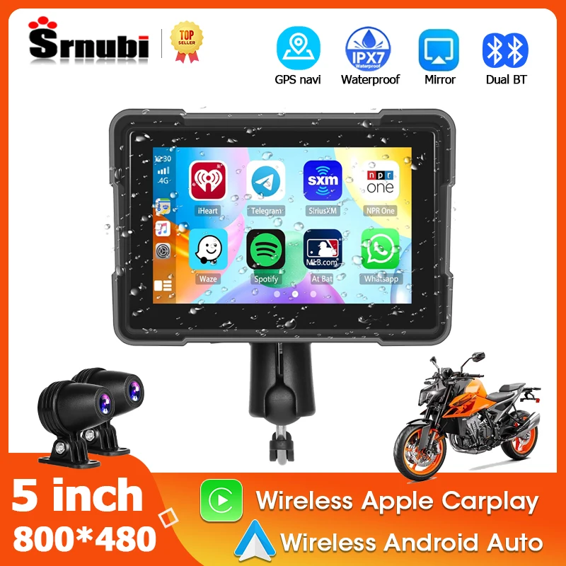 5 Zoll tragbares Motorrad Wireless Apple Carplay Android Auto 1080P Dual-Kamera-Spiegelverbindung Siri Google Voice Bluetooth MOTO Image
