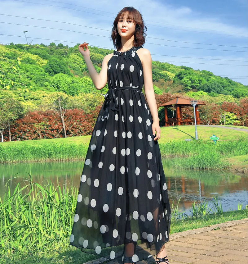 Koreanische Art schicke Mode Tupfen Sommer langes Kleid Sommerkleid Strand gewand elegante Party Maxi kleider für Frauen Kleidung plus Größe