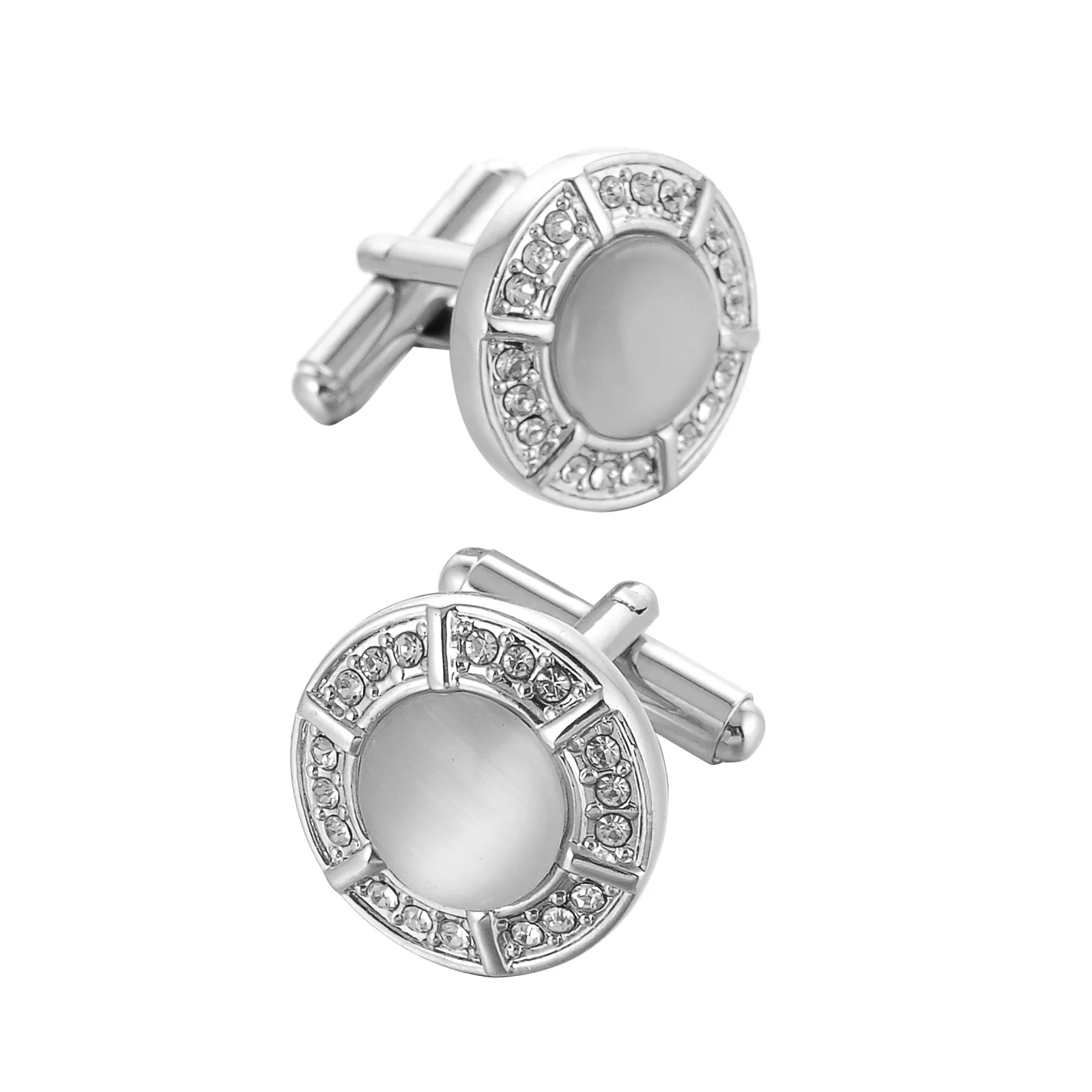 Versilberte runde Kristall-Manschettenknöpfe im französischen Stil für Herren, Opal, lässiges Business-Hemd, Kupfer-Metall-Manschettenknöpfe, Gemelos-Schmuck Image