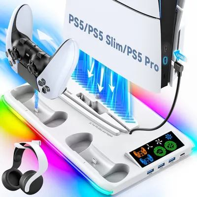 für PS5/PS5 Slim/PS5 Pro Ständer mit Kopfhörerhaken, Kühlständer und Controller-Ladestation für PS5 Image