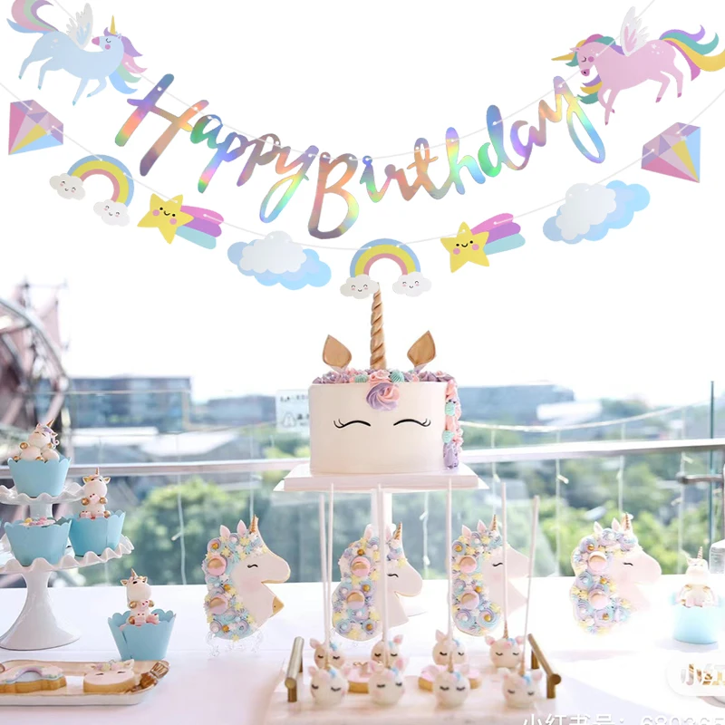 Einhorn Thema Papier Banner Cartoon Tiere Hängende Girlande Flagge Mädchen Kinder Einhorn Geburtstag Party Dekoration Baby Dusche Liefert Image