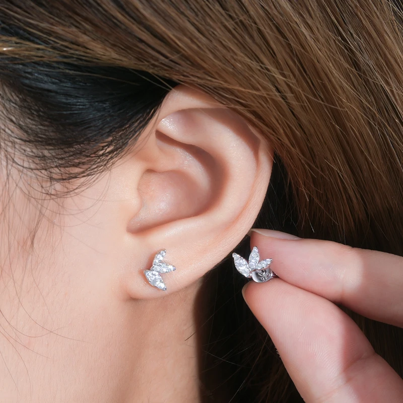 Mini-Nudel ohrringe in Blattform d 0,11 ct d Farbe alle Moissan ite Ohr stecker aus echtem 925er Sterling silber für Damen Schmuck Piercing