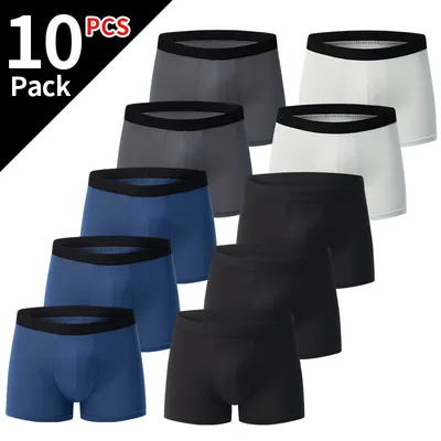 4/10 Stück einfarbige Basic-Herren-Boxershorts in Übergröße, bequeme und modische, mehrteilige, passende Unterwäsche für Teenager Image
