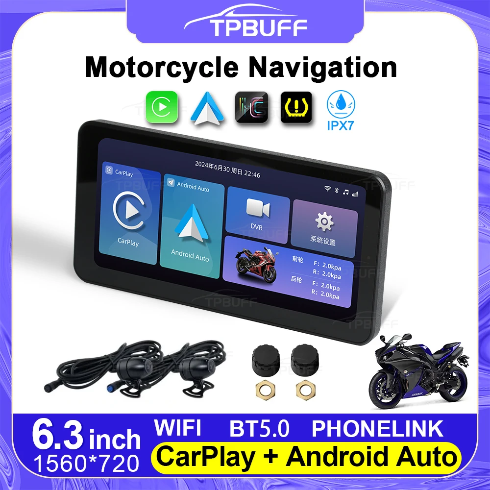 6,3 zoll GPS Navigation Motorrad IPX7 Wasserdichte CarPlay Display Bildschirm Tragbare Motorrad Wireless Auto Image