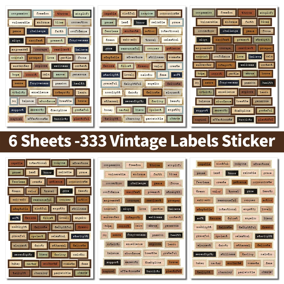 6 Blatt Vintage-Aufkleber-Set mit englischen Wörtern für Journaling, Scrapbooking, „The Word of Year“-Etiketten für Notizbuch, Tagebuchzubehör Image