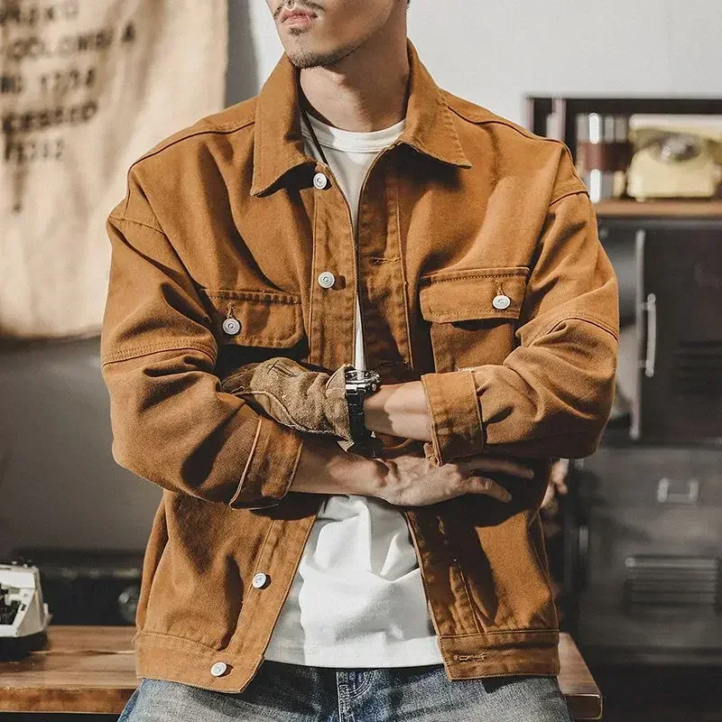 Herren-Jeansjacke, Vintage-Stil, braun, für Herren, Jeansmäntel, Cargo-Designer, gewaschene Kleidung, Winter 2022, koreanischer Stil, elastischer Original-Cowboy