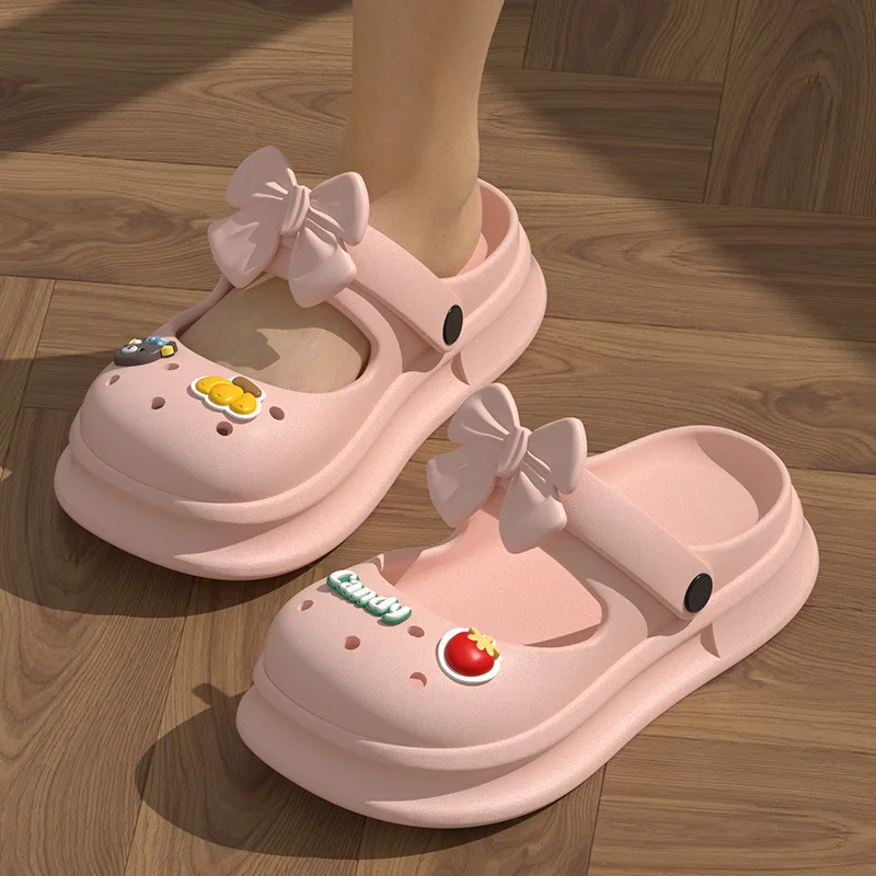 Clogs Casual Hausschuhe Frauen Wohnungen Haus Cartoon Bogen Designer Frau Schuhe Indoor Plattform Sandalen Damen Sommer Strand Schuhe