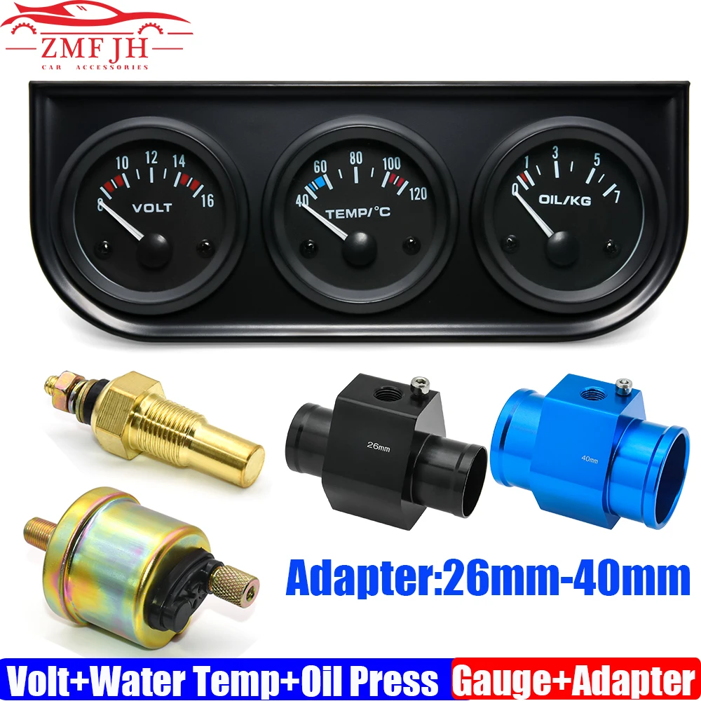 3 in 1 Dreifach-Kit 12V 52mm Volt Wasser temperatur messer Öldruck messer Sensor Temperatur Kühlers ch lauch adapter 26mm-40mm Image
