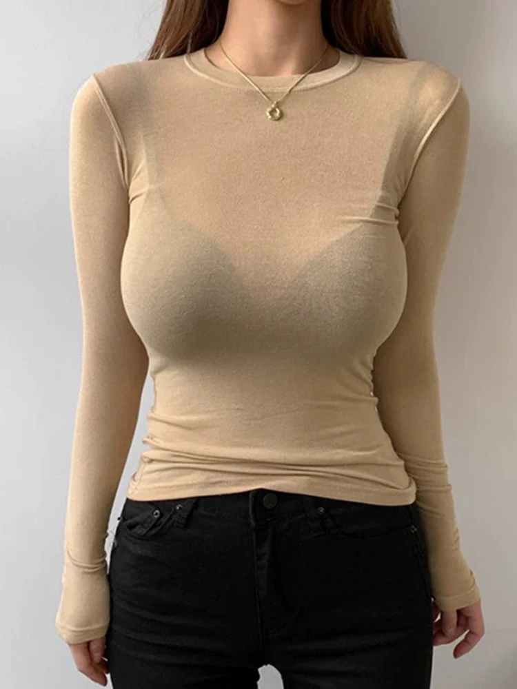 T Shirt Koreanischen Stil Dünne T-shirts Sexy T-shirts Baumwolle Langarm Sommer Tops Weiche Dünne Transparente T Shirt Femme Weiß